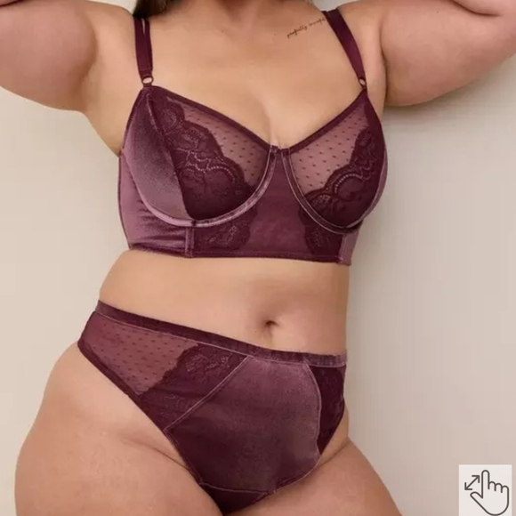 Torrid Velour And Lace Underwire Bra & Thong Panty Set 2X Mauve Wine - Picture 11 of 11